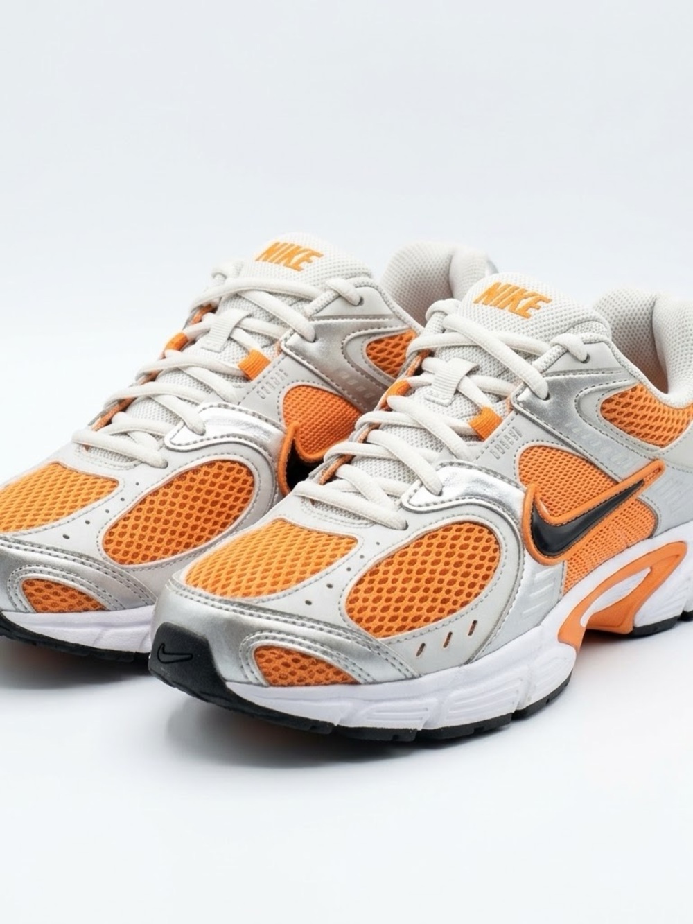 Nike Kids Orange and Silver Mesh Sneakers with Black Swoosh